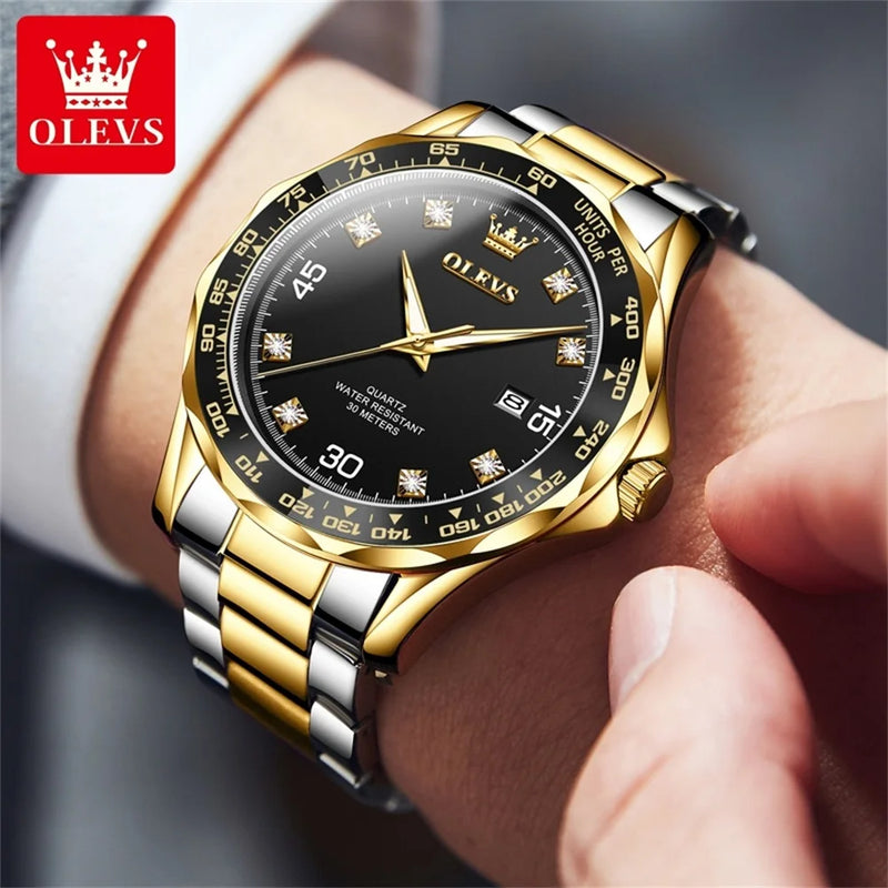 OLEVS Relógio de quartzo verde dourado para homens, marca de luxo, mergulho, à prova d'água, aço inoxidável, pulseira de silicone, relógios masculinos originais