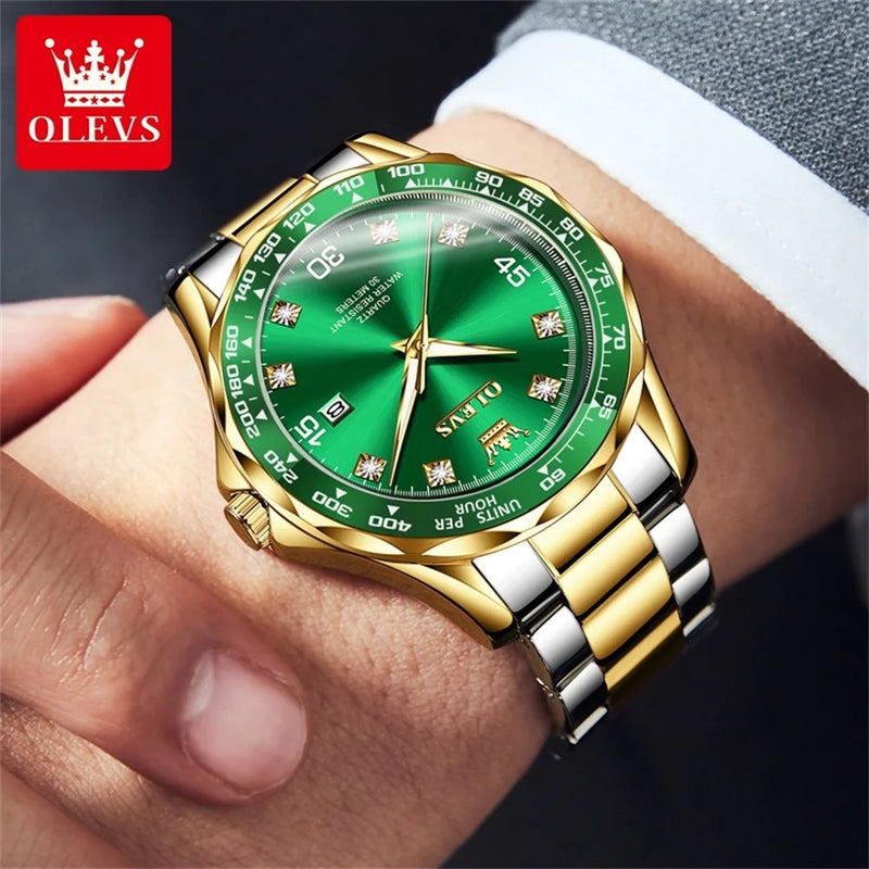 OLEVS Relógio de quartzo verde dourado para homens, marca de luxo, mergulho, à prova d'água, aço inoxidável, pulseira de silicone, relógios masculinos originais